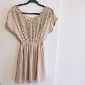 Off White Rayon Dress with Green Embroidery